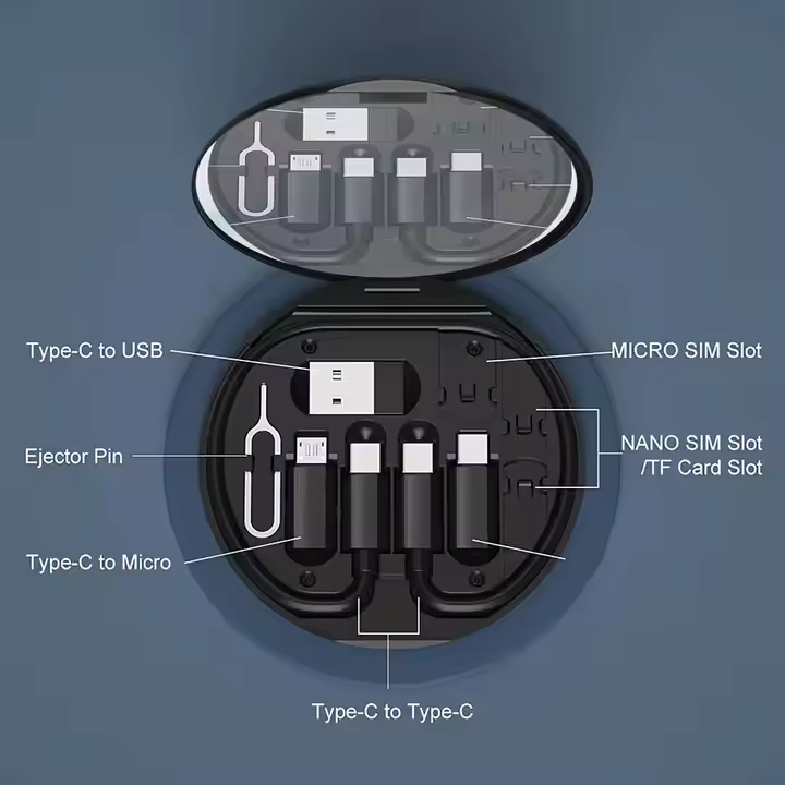 סט מתאמים אוניברסלי לטעינה וחיבור USB עם סימון חריצים לכרטיסי SIM, כולל כבל Type-C ומתאמים ל-USB, Micro-USB ו-Type-C נוסף.