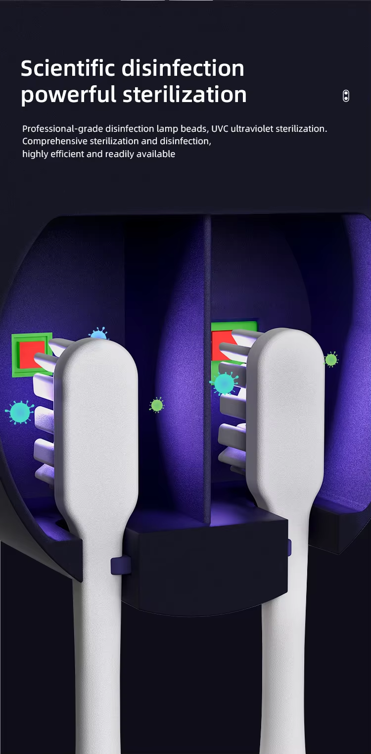 מחזיק מברשת שיניים עם חיטוי UV לחיטוי יסודי של מברשות שיניים. כולל תאורת LED UV-C להשמדת 99.9% מהחיידקים והווירוסים, לשמירה על היגיינה מושלמת.