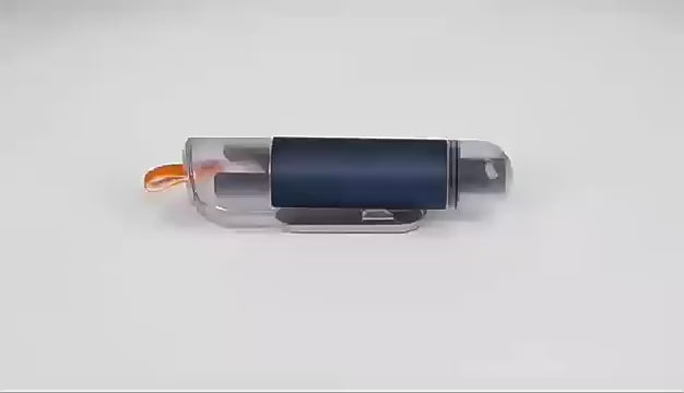 מנפץ שמשות לרכב בצבע כחול כהה עם כיסוי שקוף וידית כתומה. כלי מציל חיים לשימוש במצבי חירום כמו תאונות או הצפה.